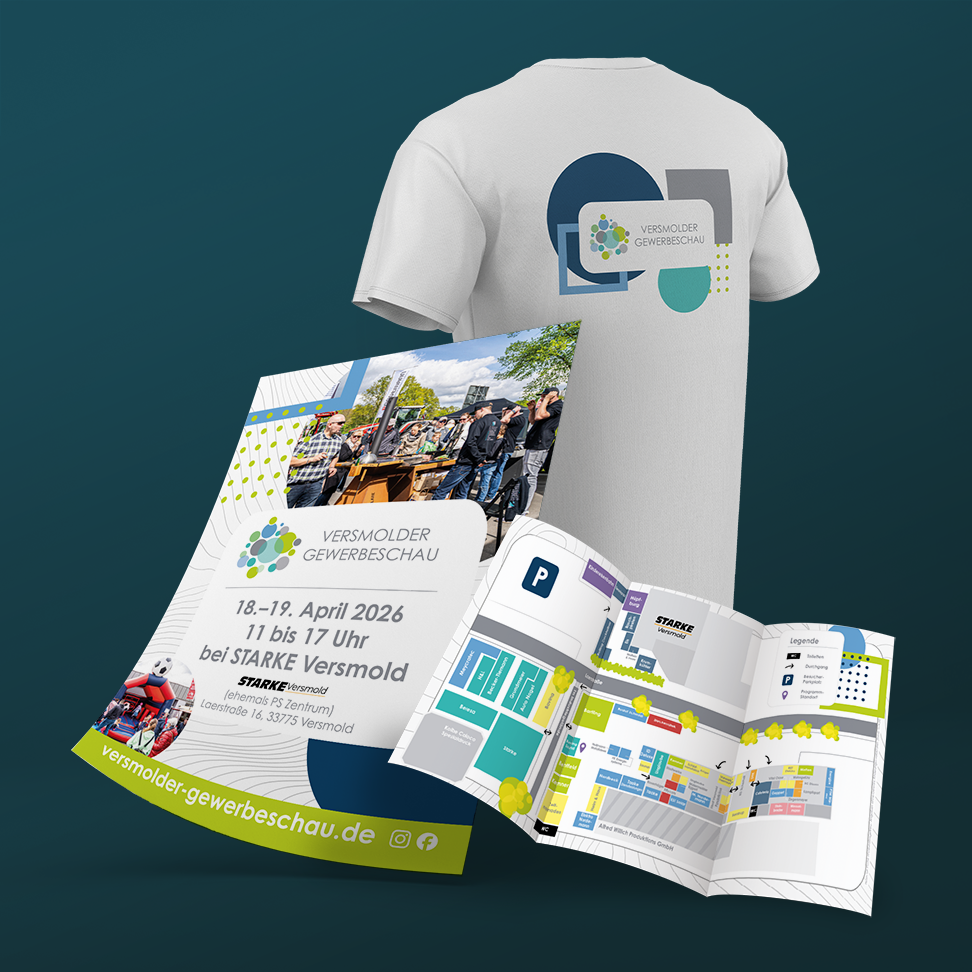 Eventmanagement mit Messeplanung, Werbemitteln und Veranstaltungsmarketing – Flyer, Lageplan und Event-Shirts für die Versmolder Gewerbeschau.